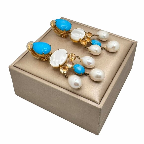 Bounkit Chandelier Earrings 14K Gold Plated Turquoise Pearls Clip-On 2-Ways - Picture 3 of 9